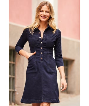 REASONS TO BUY: 

Your throw-on-and-go wardrobe hero
Dark indigo - a new take on classic denim
Shape enhancing A-line fit
Luxe silver popper front
Flattering panel stitching
Trainers, sandals, boots – any shoe goes