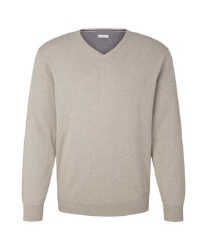 Flachstrickpullover aus weicher Bio-Baumwolle, lange Ärmel mit V-Ausschnitt.