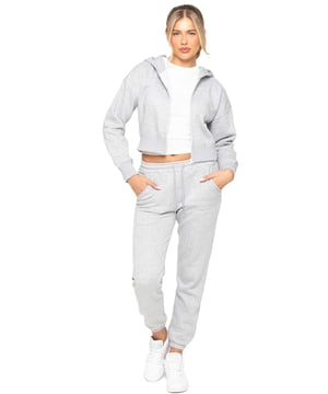 Enzo Womens Cropped Hoodie Tracksuit. Zip up sweatshirt with hood and sweatpants joggers set. Cropped hoodie and regular fit joggers with Cuffed design. Brushed back inner fleece. Cropped fit for casual wear. Essential loungewear tracksuit.