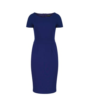 This electric Blue dress has a round neckline and cap sleeves. There are Darts at the bust ensuring the perfect fit. It fastens in the back with a black concealed zip. It has a slit at the back. The dress is lined. The garment hits at the knee and is fitted.  70%viscose-25%polyamid-5%elastane. Our model is 176cm and is wearing size 36/S. Measurements for size 36/S (in cm): Shoulder -40, Chest-41, Waist-36, Bottom-42, Sleeve Length-16, Body length-101. Accessories are not included.