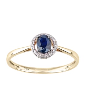 9K (375) geel goud: 0,9 gram; # Diamant: 0,06 ct; # Saffier: 0,46 ct
