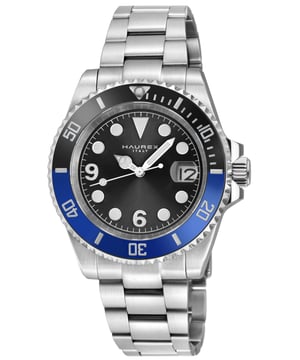Haurex 4A512UBN Men's Barracuda Automatic WatchHaurex Men's Automatic Watch from the Barracuda Collection43mm Round 316L Stainless Steel Case, Black/Blue Ceramic BezelBlack Sunray Dial, Date at 6Push/Pull Crown, Exhibition Case back316L Stainless Steel Brushed Bracelet With Deployment BuckleAnti-reflective Sapphire CrystalWater Resistant to 50 Meters/5ATMAutomatic Miyota Ultra thin 9015