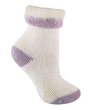 These alpaca wool bed socks with a star patterned gripper sole have been crafted with both warmth and comfort in mind. Made from a blend of alpaca wool, a fibre with natural thermal qualities, they are ideal to be used as both night or lounge wear. The sock is knitted with a close knit pattern on the outside, while the inside of the sock is brushed to create a beautiful soft feel which helps to add to the warmth of the sock. These socks have a star patterned gripper sole, helping to keep you secure on slippery household flooring, such as wooden panels or laminate. These socks have a turnover top, which adds to the comfort securing the socks in place, while also adding some style to the socks in the classic fluffy bed sock fashion. This sock is available in a size 4-8 uk - available in cream with the choice of beige, salmon or purple heels and toes this sock is an ideal addition to any woman's wardrobe. They are made of 60% Acrylic, 20% Wool, 10% Alpaca, 8% Polyamide, 2% Elastane and are machine washable.