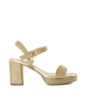Give your look a glamorous edge with Kolden  metallic braided wedge sandals. Designed with a high wedge heel and a classic sandal toe  this style is ideal for weddings  weekend plans  and beyond. Featuring a gold-tone buckle closure and crossover straps.