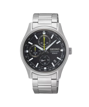 This Seiko  Chronograph Watch for Men is the perfect timepiece to wear or to gift. It's Silver 39 mm Round case combined with the comfortable Silver Stainless steel watch band will ensure you enjoy this stunning timepiece without any compromise. Operated by a high quality Quartz movement and water resistant to 10 bars, your watch will keep ticking. Sporty and elegant watch suitable for all occasions. This Chronograph watch has a calendar function: Date , Stop Watch , 24-hour Display and Luminous Hands High quality 21 cm length and 20 mm width Silver Stainless steel strap with a Fold over with push button clasp Case diameter: 39 mm,case thickness: 11 mm, case colour: Silver and dial colour: Black