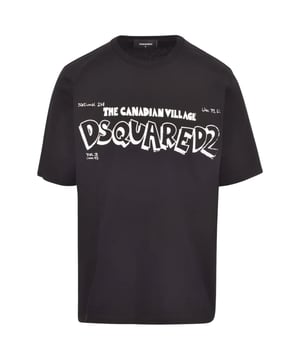 Camiseta negra de manga corta D2, logotipo de Canadian Village, 100% algodón, hecha en Rumania, cuello redondo, corte holgado, camiseta negra D2, camiseta skater fit