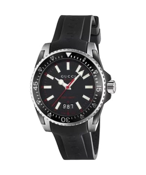 Movement: QuartzDisplay: AnalogBand Material: Silicone Case Material: Stainless SteelStyle: CasualBrand: GucciGender: Men'sAge Group: AdultWater Resistant: 200 Meters / 660 FeetMPN: YA136303Strap Color: BlackCase Color: SilverFace Color: BlackCase Size: 40 mmCase Thickness: 11 mmBand Length: 8 inchesBand Width: 20 mmBand Type: StrapClasp: Deployment with Double Push ButtonDial Color: BlackCrystal: Scratch Resistant SapphireHands: Luminous Silver-toneDial Markers: Index / Arabic NumeralMinute Markers: Around the outer rimLuminiscence: Hands and MarkersBezel: Uni-directional RotatingBezel Color: Silver-toneBezel Material: Stainless Steel with Black Top RingCrown: Pull / PushCalendar: Date display at the 6 o'clock positionFunctions: Date, Hour, Minute, SecondWatch Features: Stainless Steel, RubberWatch Label: Swiss MadeSKU: YA136303UPC Code: 731903358126Department: WatchesCategory: Watches