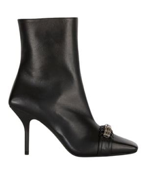 Botin negro, diseo tejido G en la parte delantera de los zapatos, cierre de cremallera, bota con tacon, tacon estilo bota negra, 100% cuero