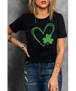Clover heart-shaped print
  O-neck
  Short sleeves
  Unique and stylish design
  Versatile for casual or dressed-up occasions
  Comfortable fit
  Quality materials
  Durable and luxurious
  Perfect for pairing with jeans or a skirt
  Makes a statement in your wardrobe