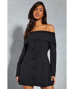 Off-the-shoulder bardot neckline exudes alluring sophistication
Structured blazer silhouette with button-front detailing
Long sleeves with slightly flared cuffs add a refined touch
Tailored fit through the bodice and waist for a flattering shape
woven fabric with a slight stretch for comfort

Embrace your inner fashionista with this tailored blazer dress. The off-the-shoulder bardot neckline radiates a sultry yet refined vibe, perfect for turning heads on a night out. Pair it with strappy heels and a clutch for a chic evening ensemble, or style it with ankle boots and a leather jacket for an edgier look. Whether you're hitting the town with friends or attending a cocktail party, this dress is sure to make a statement.