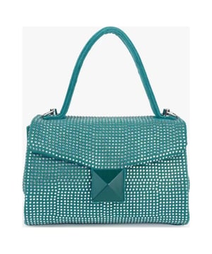 Green Suede Rhinestone Grab Bag by SVNX. Get ready to sparkle this party season. Crafted from luxurious soft suede and adorned with dazzling rhinestones, this eye-catching accessory adds the perfect touch of glamour to any outfit. Whether you're headed to a festive celebration or a night out, elevate your look with this chic and shimmering statement piece.Dimension: W x H x D = 19cm x 14cm x 9cm approximately.