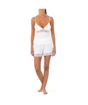 Schlafanzug mit Trägern.
 V-Ausschnitt mit geripptem Abschluss und Blumenstickerei.
 Hose mit elastischem Bund, Unterteil mit Blumenstickerei.
 Nähte im Farbton gesehen.
 Zusammensetzung: 100% Polyester
 Pflege:
Handwäsche.
 - Kein Bleichmittel verwenden.
 - Keinen Trockner verwenden.
 - Unterstützt das Bügeln.
 - Nicht chemisch reinigen.