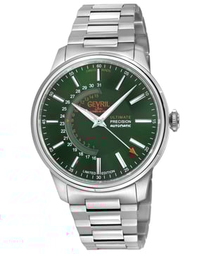 Reloj automático suizo Gevril 49204B para hombre de la colección Guggenheim  
Reloj automático suizo para hombre Gevril de la colección Guggenheim  
Caja de acero inoxidable 316L pulido de 40mm, esfera verde. Índices plateados con fecha  
Fondo de caja de exhibición con tornillo y cristal de zafiro  
Corona a rosca, manecillas y marcadores luminosos  
Edición limitada  
Pulsera de acero inoxidable 316L cepillado y pulido con hebilla desplegable  
Cristal de zafiro anti-reflectante  
Resistente al agua hasta 50 metros/5ATM  
Rueda de fecha personalizada Sellita SW220