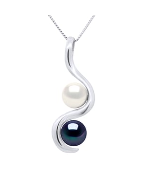 Anhänger You & Me* – 2 echte Süßwasser-Zuchtperlen rund 7–8 mm – FARBE NATURAL PEARL WHITE & BLACK TAHITIAN STYLE – Weißgold 375 – Lieferung mit Echtheitszertifikat und internationaler Garantie – HERGESTELLT IN FRANKREICH – * Dieser Anhänger in V-Form wird Ihnen in einer Box mit einer kostenlosen Kette aus 925er Silber geliefert.