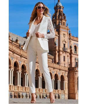 REASONS TO BUY:

Crafted from gorgeous white lace
Fully-lined for comfort and coverage
Chic tapered legs
There's a matching blazer too
The perfect alternative wedding look

Inside leg to fit: Short 29" | Regular 31" | Long 33"