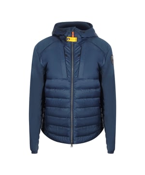 Parajumpers blauw donsjack, twee zakken met ritssluiting aan de voorkant, PJS-patch op de linkermouw, jas van 100% polyamide, vulling: 90% eendendons, 10% eendenveren, elastische tailleband en mouwen