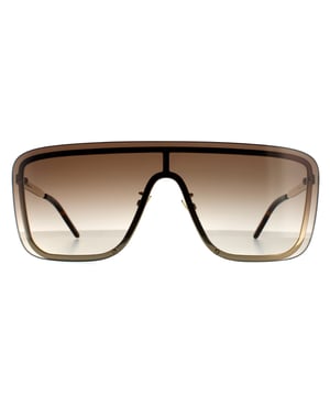 Saint Laurent Shield Unisex Gold  Brown Gradient  Sunglasses Saint Laurent are an oversized shield style with one large flat square shaped lens. Adjustable nose pads and plastic temple tips ensure comfort and the flat metal temples are engraved with the Saint Laurent logo..