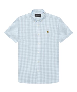 Camisa azul de Lyle and Scott, hecha en Turquía, 100% algodón, corte regular, se ajusta a la talla real, cierre con botones, camisa a cuadros