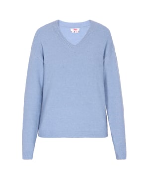 Dieser Melange-Pullover mit V-Ausschnitt ist eine stilvolle Ergänzung für Ihre Garderobe. Mit seiner gerippten Textur an den Bündchen, am Saum und am Ausschnitt bietet dieser Strickpullover sowohl Komfort als auch Stil. Die entspannte Passform macht ihn perfekt für legere oder lässig-elegante Anlässe. Bleiben Sie gemütlich und schick mit diesem langärmligen Basic.  Zur Seite fahren