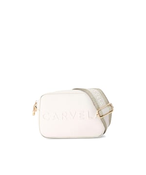The Carvela Mini Frame Cross Body bag features a bone textured exterior with embossed branding on the front. The bag is fastened with gone tone Icon C zipper. Dimensions: 12cm (H), 17cm (W), 6.5cm (D). Strap length: 126cm.