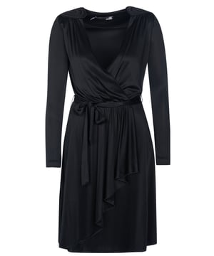 100% acetaat; Love Moschino-jurk; Model: W5C1001M4262 C74; Hoogwaardige afwerking; Ronde hals, lange mouwen, knielengte; Ik hou van Moschino-logodetails