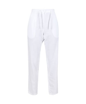 75% Viscose/25% linen woven fabric. Drawcord waist adjuster. 2 side pockets. 2 back pockets. Tapered leg fit.