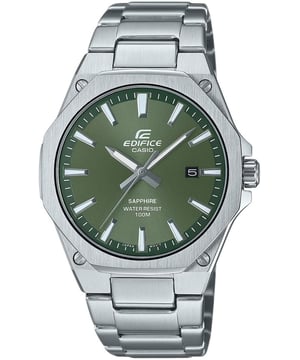 This Casio Edifice Analogue Watch for Men is the perfect timepiece to wear or to gift. It's Silver 39 mm Round case combined with the comfortable Silver Stainless steel watch band will ensure you enjoy this stunning timepiece without any compromise. Operated by a high quality Quartz movement and water resistant to 10 bars, your watch will keep ticking. EDIFICE SLIM series with Sapphire Crystal | This three-hand analog model features a slim 7.8 mm thick case that enhances fit. This Analogue watch has a calendar function: Date , Luminous Hands and Luminous Numbers High quality 21 cm length and 22 mm width Silver Stainless steell strap with a Fold over with push button clasp Case diameter: 39 mm,case thickness: 8 mm, case colour: Silver and dial colour: Green