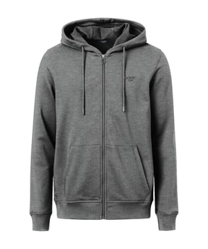 Einfarbige Zipper-Jacke für Herren von der Marke JOOP! JEANS. Aus reiner Baumwolle mit gerippten Abschlüssen, Kapuze mit Kordel und Kängurutaschen.