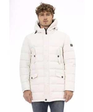 Witte Polyester Hooded Jacket  
Rits Sluiting  
Voorkant Vakjes  
Monogram Baldinini Trend  
Ideaal voor Mannen  
Materiaal: 100% Polyester