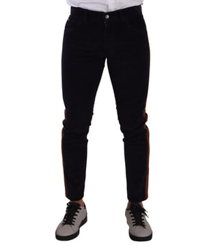 Jeans de denim ajustados 100% auténticos de Dolce & Gabbana  
  Elaborados en algodón  
  Azul oscuro con rayas marrones  
  Corte slim  
  Cierre con cremallera y botón  
  Detalles de logotipo  
  Hecho en Italia  
  Material: 98% algodón 2% elastano