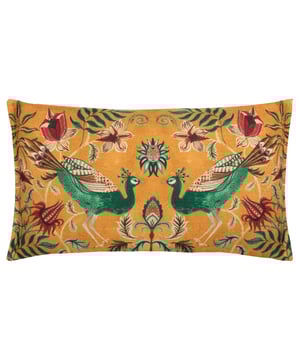 Inspired by organic shapes and symmetrical patterns, the Peacock Duo cushion adds a touch of charm to your soft furnishings. Printed on textured linen look fabric, two hand-painted peacocks pose in a mirror image of each other, amongst the intertwined vibrant florals. The deep-toned ochre background and luxurious claret velvet reverse contrast effectively to add vibrant tones to your home decor.