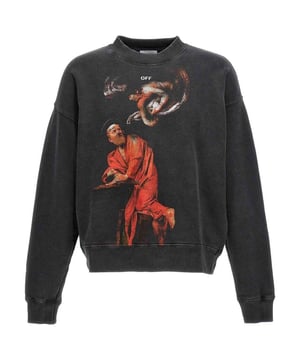 Gebroken wit St. Matthew Design Skate Fit gewassen zwart sweatshirt. Ervaar behaaglijk comfort en casual verfijning met de Off-White zwarte trui met ronde hals. Deze ultrazachte trui is versierd met een stijlvol logo en is ontworpen om de hele dag warmte en tijdloze stijl te bieden. Maak een statement met deze relaxed-fit trui, perfect voor dagelijks gebruik! Normale pasvorm, zwarte trui. Gebroken witte logoprint, logo op de achterkant, St. Matthews-ontwerp op de voorkant, streetwear. 100% katoen, gemaakt in Portugal, elastische tailleband en mouwuiteinden. Stijlcode: OMBA054F23FLE0131084