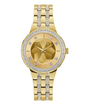 Deze Bulova Phantom Analoge Horloge voor Dames is het perfecte sieraad om te dragen of cadeau te geven. De gouden 32 mm ronde behuizing, gecombineerd met de comfortabele gouden roestvrijstalen horlogeband, zorgt ervoor dat je van dit prachtige horloge kunt genieten zonder compromissen. Aangedreven door een hoogwaardige quartzbeweging en waterbestendig tot 3 bar, blijft je horloge tikken. Dit hoogwaardige horloge is een ongelooflijk opvallend dameshorloge. Hoogwaardige 19 cm lange en 15 mm brede gouden roestvrijstalen band met een klapsluiting met drukknop. Behuizingsdiameter: 32 mm, behuizingdikte: 9 mm, kleur van de behuizing: Goud en kleur van de wijzerplaat: Goud.