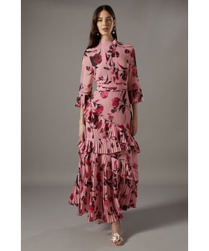 Pleated Frill Chiffon Maxi Dress