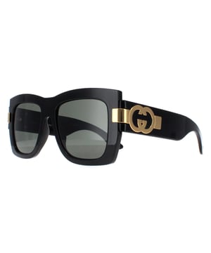Gucci Square Womens Black with Gold Grey GG1688S  Sunglasses offer a perfect combination of modern sophistication and understated luxury. With their bold, square frame, these sunglasses make a striking fashion statement while maintaining a timeless appeal suitable for various occasions. The design is complemented by Gucciâ€™s signature double-G logo on the temples, adding a touch of iconic branding that speaks to the wearerâ€™s impeccable taste. High-quality lenses provide essential UV protection, ensuring comfort and safety without compromising on elegance.