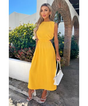 Our Yellow Cut Out Midi Dress is the perfect day to night dress! Featuring a round neckline, no sleeves, elasticated waist, cut out detail and a midi length skirt. Pair with white trainers for the perfect day time look, then switch to barely there heels and a some simple jewellery for a sophisticated evening look.   Model wears: UK 8/ EU 36/ US 4 Model's height: 165cm/ 5'5" Approx length from centre back to hem: 130cm Fabric composition: 100% Polyester Colour: YELLOW