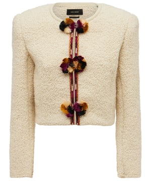 Pom Pom Design. Long Sleeved. 76% Wool, 22% New Wool, 2% Polyamide // Biais1: 100% Cotton // Embroidery Thread: 100% Viscose // Braid1: 100% Cotton // Pompoms: 50% Silk, 50% Viscose.