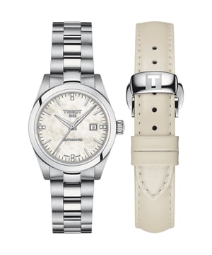 This Tissot T-my Analogue Watch for Women is the perfect timepiece to wear or to gift. It's Silver 30 mm Round case combined with the comfortable Silver Stainless steel watch band will ensure you enjoy this stunning timepiece without any compromise. Operated by a high quality Automatic movement and water resistant to 10 bars, your watch will keep ticking. This watch has an automatic watch movement ( recharged by any movement with your wrist; never needs a battery). This Analogue watch has a calendar function: Date , Swiss Made. Comes with an extra white Leather Strap High quality 19 cm length and 15 mm width Silver Stainless steel strap with a Deployment clasp Case diameter: 30 mm,case thickness: 11 mm, case colour: Silver and dial colour: Mother of pearl