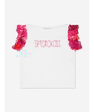Emilio Pucci embody passion and high quality craftsmanship in their beautiful aesthetics. This girls logo t-shirt in white is a captivating choice. Crafted in refined cotton with silver 'Pucci' sequin detailing in the centre. It is a piece to love and adore. She will look and feel divine.  Crew Neck Short Sleeves  Straight Hem 100% Cotton