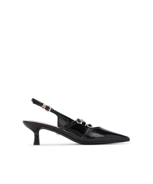 The KG Kurt Geiger Sienna is a kitten heel featuring a black patent upper with pointed toe. There are two straps across the foot with gold tone buckles as well as one around the ankle. Heel height: 5.5cm.