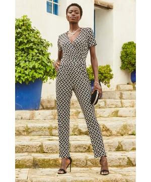 REASONS TO BUY:

All of the impact none of the effort
V-neck wrap front banded waist: it's made to flatter
Geo print you won't find anywhere else
Chic tapered legs
For fancy lunches drinks or date night
Style with barely there heels and a clutch bag

Inside leg to fit: Short 29 | Regular 31" | Long 33"
"