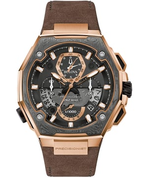 This Bulova Precisionist X Special Edition Chronograph Watch for Men is the perfect timepiece to wear or to gift. It's Rose Gold 44 mm Round case combined with the comfortable Brown Leather watch band will ensure you enjoy this stunning timepiece without any compromise. Operated by a high quality Quartz movement and water resistant to 3 bars, your watch will keep ticking. This Precisionist X Special Edition is a celebration of unparalleled accuracy. The special edition timepiece features a distinctive rose gold-tone stainless steel case with a gray Damascus steel top ring insert. The black dial features a calendar window and a view into the proprietary Precisionist eight-hand chronograph high-performance quartz movement. -The watch has a Calendar function: Date, Stop Watch, Luminous Hands, Luminous Numbers High quality 21 cm length and 44 mm width Brown Leather strap with a Deployment clasp Case diameter: 44 mm,case thickness: 18 mm, case colour: Rose Gold and dial colour: Black
