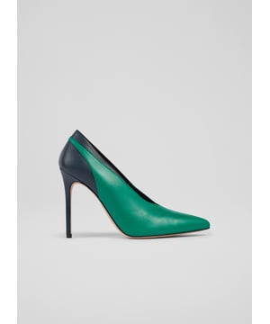 The Quinny courts are crafted in Spain from green and navy blue nappa leather. They have a pointed toe, a high topline, centre seam detail, and a 110mm stiletto heel.