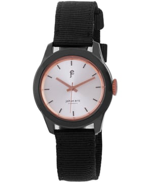 Johan Eric: Naestved, Men's, Silver sunray dial Watch w rose gold IP hands & indexes, Sporty black canvas strap..