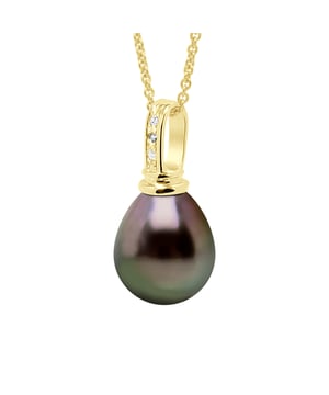 Anhänger PRESTIGE Gelbgold 375 & Diamant 0,03 ct (3 x 0,01 ct) – echte kultivierte TAHITI-Perle, birnenförmig, 10–11 mm – Lieferung mit Echtheitszertifikat und internationaler Garantie – * Vergoldete Kette wird kostenlos angeboten