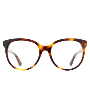 Gucci Glasses Frames GG0329O 002 Light Havana Women are an oversized round style with upswept corners for a subtle cat eye finish. The thick acetate frame is embellished with interlocking GG logos on the temples.