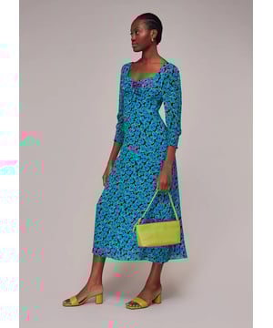 Bring charm and elegance to your wardrobe with the Farfalle Dress. Flaunt its vivid blue hues and delightful floral prints, designed with airy viscose. Perfect for any outing, its ¾ sleeves and comfortable shift silhouette invoke a demure yet playful narrative. Versatility meets allure in blue/multi.