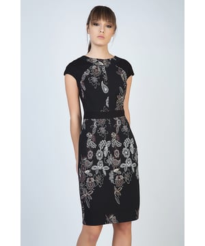 Print Cap Sleeve Dress with Waistband by Conquista Fashion in stretch jersey sustainable fabric. Our model is 176cm and is wearing size 36/S. Made in Greece.
