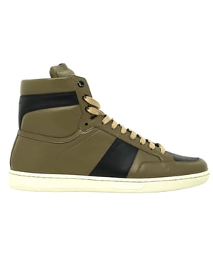 Saint Laurent Green High Top Sneaker. Step out in style with the Saint Laurent Green Sneaker! This streetwear favorite features a modern and edgy look. Perfect for a night out or a casual day, you'll be in comfort and looking great. Make a statement and get the shoe now!. Lace Fasten. Rubber Sole. 100% Leather, High Top. Style Code: 418026 CN440 2966