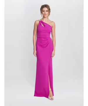 This breathtaking diamante one shoulder dress is sure to turn heads! Crafted in a beautiful crepe this dress has tucks on the stomach for a flattering effect and a slit at the front.